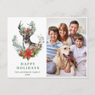 Carte Postale Christmas Deer Poinsettia Salutation Holiday PHOTO