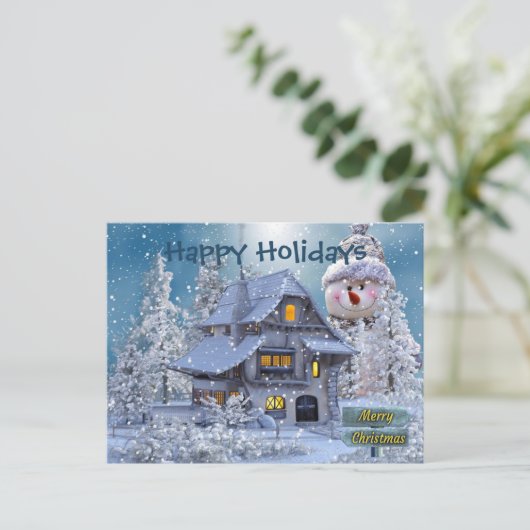 Carte Postale Christmas Greeting Winter Snowman Blue Rustic (Debout devant)