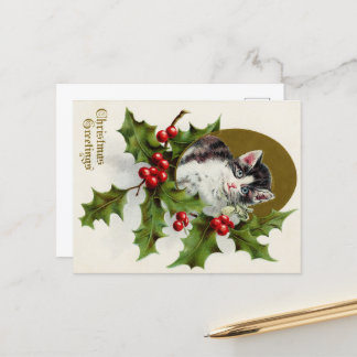 Carte Postale Christmas Greetings Vintage Kitty Card
