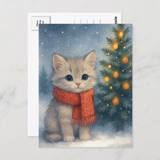 Carte Postale Christmas Kitten Postcard Cute Cat in Red Scarf (Devant / Derrière)