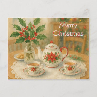 Carte Postale Christmas Red Poinsettia Teapot 