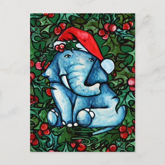Carte Postale Christmas Yule Elephant avec Holly (Devant)