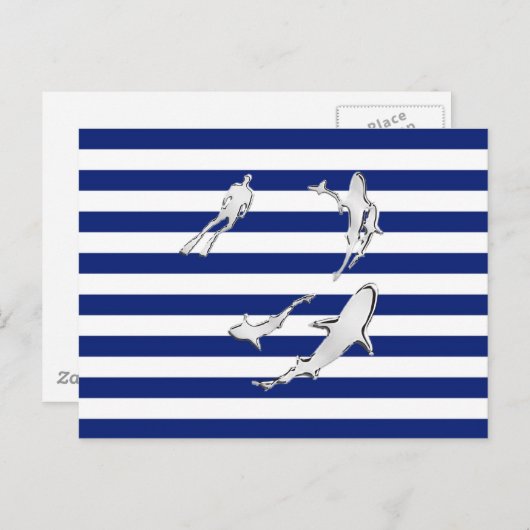 Carte Postale Chrome Comme Plongeur et requins sur les rayures n (Devant / Derrière)