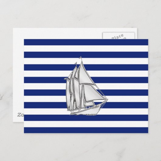 Carte Postale Chrome Sailboat sur les rayures nautiques (Devant / Derrière)