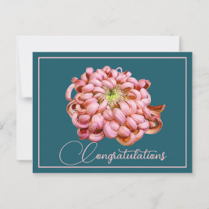Carte Postale Chrysanthème rose Fond cyan Félicitations