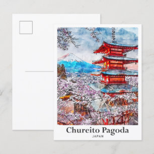 Carte Postale Chureito Pagoda Japon Voyage Aquarelle main tirée
