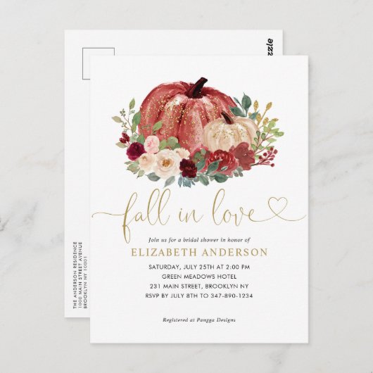 Carte Postale Chute en amour Rouge rose Citrouille Floral Fête d (Devant / Derrière)