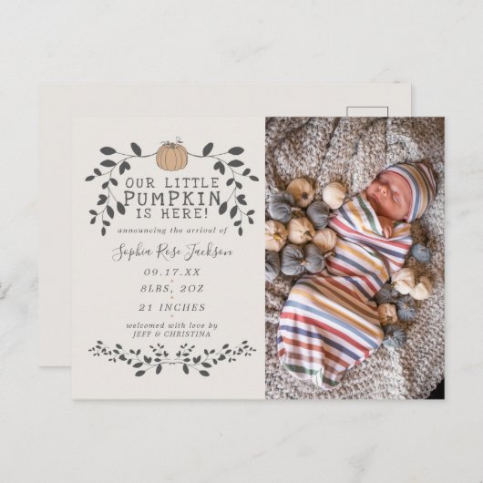 Carte Postale Chute Notre Petit Citrouille Naissance Faire-part (Devant / Derrière)