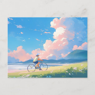 Carte Postale Ciel bleu chevauchant un dessin animé à vélo