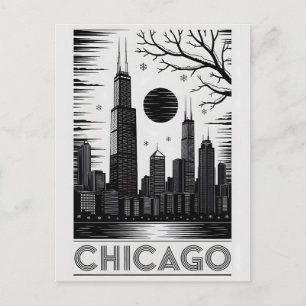 Carte Postale Ciel de Chicago Illinois Noir Blanc Gravure sur Bo