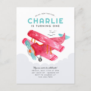 Carte Postale Ciel mignon nuage aquarelle rouge avion anniversai