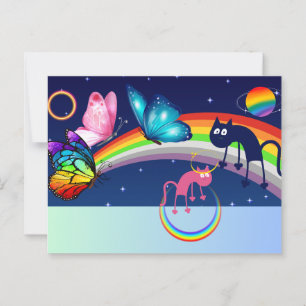 Carte Postale Ciel nocturne, deux chats, papillons et un arc-en-