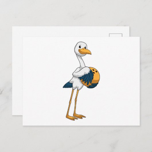 Carte Postale Cigogne au bowling avec boule de bowling (Devant / Derrière)