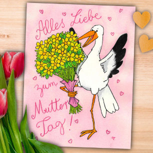 Carte Postale Cigogne de la fête des mères rose allemande avec d