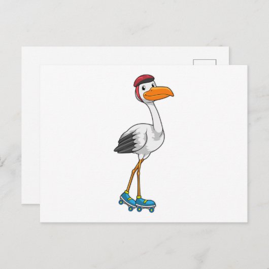 Carte Postale Cigogne en patineur en ligne avec des patins à rou (Devant / Derrière)