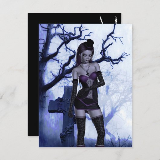 Carte Postale Cimetière Lolita Goth Imaginaire Signé Mini Imprim (Devant / Derrière)