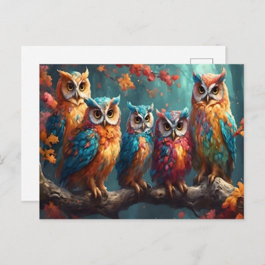 Carte Postale Cinq Chouettes Perchées Sur Une Branche D'Arbre (Devant / Derrière)