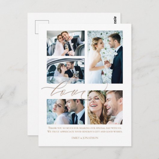 Carte Postale Cinq photo collage Script Love Mariage Merci (Devant / Derrière)