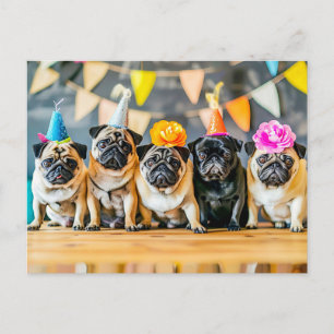 Carte Postale Cinq pugs avec des chapeaux de fête ensemble