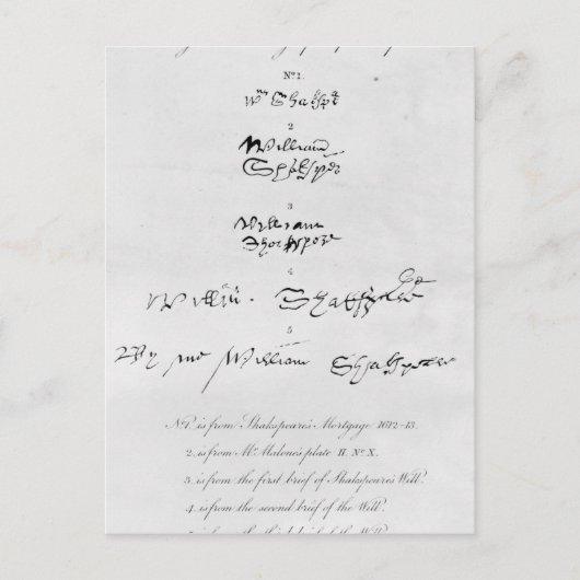 Carte Postale Cinq véritables autographes de William Shakespeare (Devant)