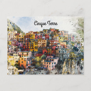 Carte Postale Cinque Terre Ligurie Italie scène été aquarelle