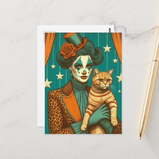 Carte Postale Circus Clown et Ginger Kitty (Devant/Arrière en situation)
