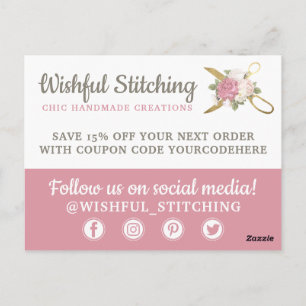 Carte Postale Ciseaux à coudre en or Merci Shabby Chic Floral