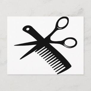 Carte Postale ciseaux peigne de coiffeur noir