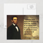 Carte Postale Citation de Abe Lincoln "L'Amérique ne sera jamais (Devant / Derrière)