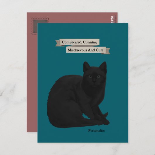 Carte Postale Citation de chat noir mystérieux rose sarcelle per (Devant / Derrière)