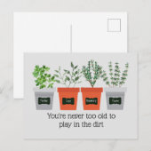 Carte Postale Citation de jardinage amusant jamais trop vieux (Devant / Derrière)