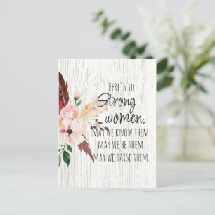 Carte Postale Citation Femmes Fortes Fleur Feather Effet Bois