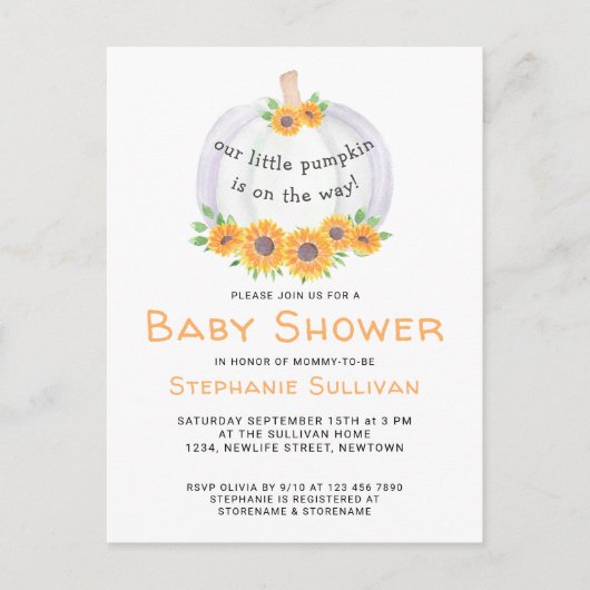 Carte postale citrouille Baby shower Invitation (Devant)