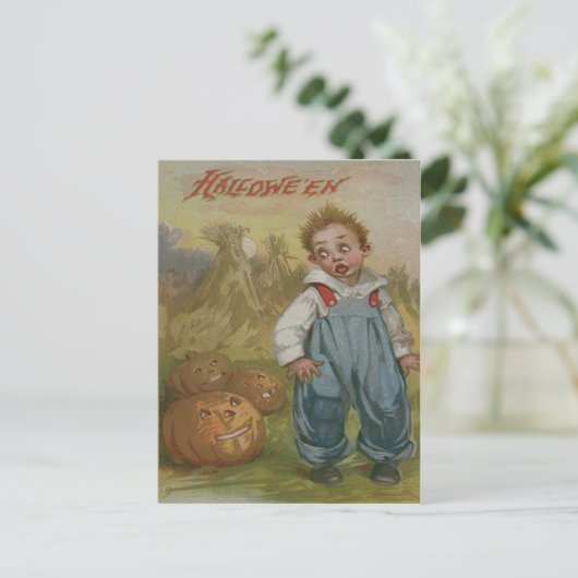 Carte Postale Citrouille Boy Jack-o'-lantern Pleine lune Haystac (Debout devant)