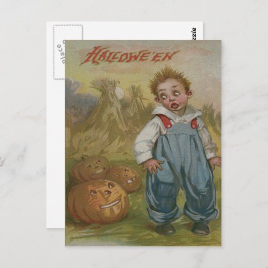 Carte Postale Citrouille Boy Jack-o'-lantern Pleine lune Haystac (Devant / Derrière)