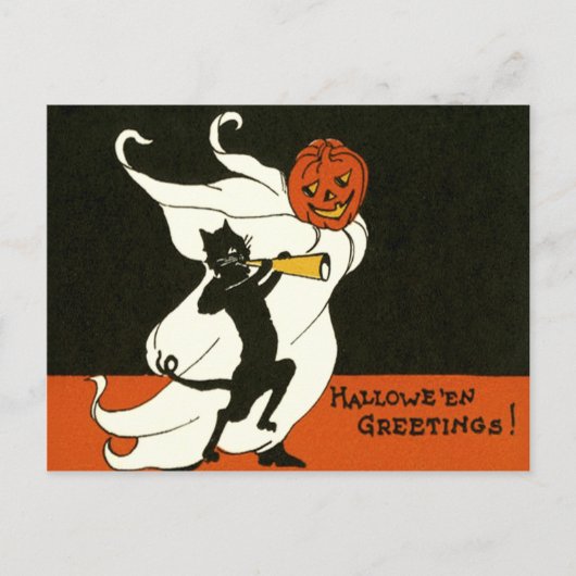 Carte Postale Citrouille Chat Noir Fantôme Corne (Devant)