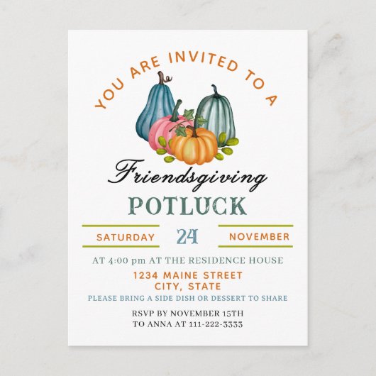 Carte Postale Citrouille d'automne Friendsgiving Potluck Invitat (Devant)