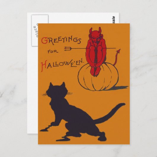 Carte Postale Citrouille de chat noir Devil Demon Pitchfork (Devant / Derrière)