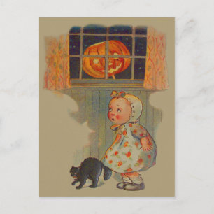Carte Postale Citrouille de fille effrayée Chat noir Farce