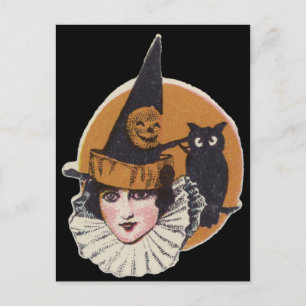 Carte Postale Citrouille de sorcière Art Déco Jack O Lantern hib