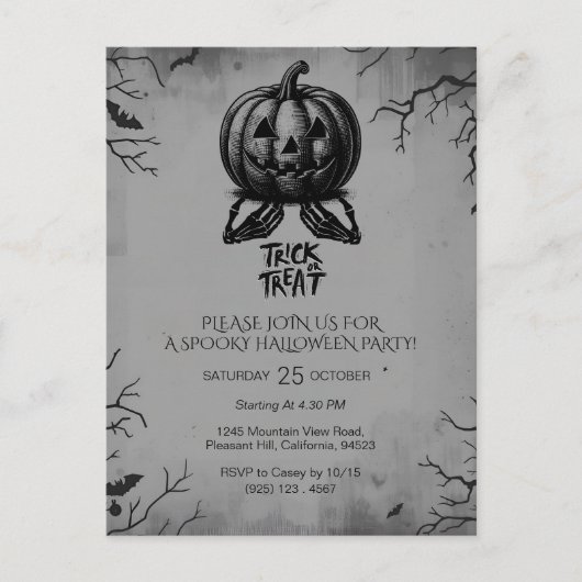 Carte Postale Citrouille de squelette effrayant Trick ou traiter (Devant)