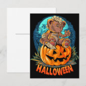 Carte Postale Citrouille d'Halloween avec un ours en peluche tue (Devant / Derrière)