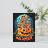 Carte Postale Citrouille d'Halloween avec un ours en peluche tue (Debout devant)