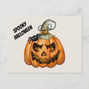 Carte Postale Citrouille d'Halloween effrayante avec araignée
