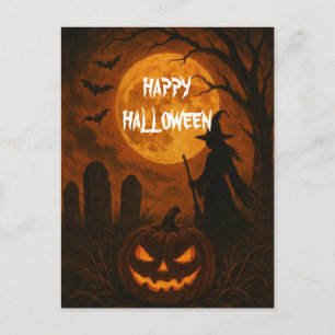 Carte Postale Citrouille d'Halloween effrayante Sorcière Nuit ef