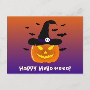 Carte Postale Citrouille d'Halloween Jack o' Lantern Chapeau de
