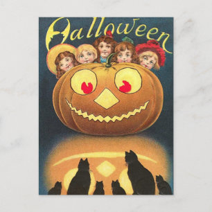 Carte Postale Citrouille d'Halloween vintage, enfants et chats n