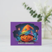 Carte Postale citrouille effrayante avec chapeau d'anniversaire  (Debout devant)