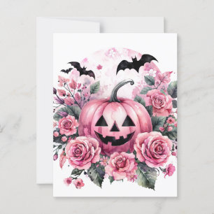 Carte Postale Citrouille et Roses avec chauves-souris Pinkoween