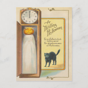 Carte Postale Citrouille Fantôme Chat Noir Horloge de Grand-Père